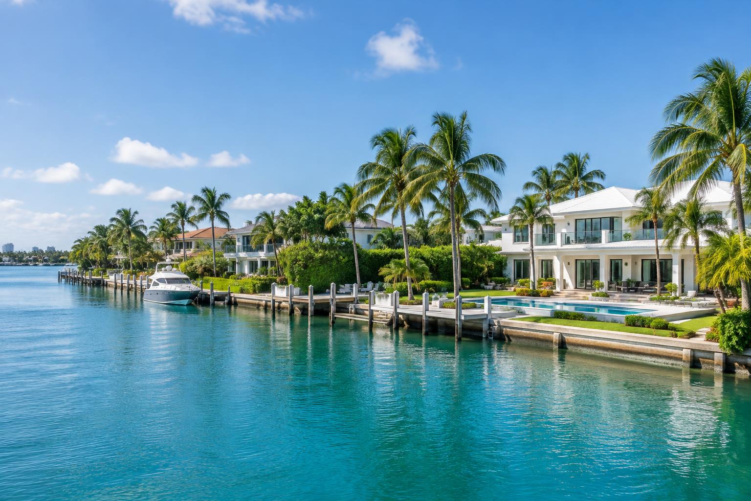 Illustrative view of palm-lined South Florida waterfront homes